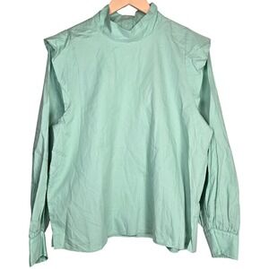 Everlane Wing-Shoulder Mockneck Top Jade Green Cotton Poplin Blouse Womens 10